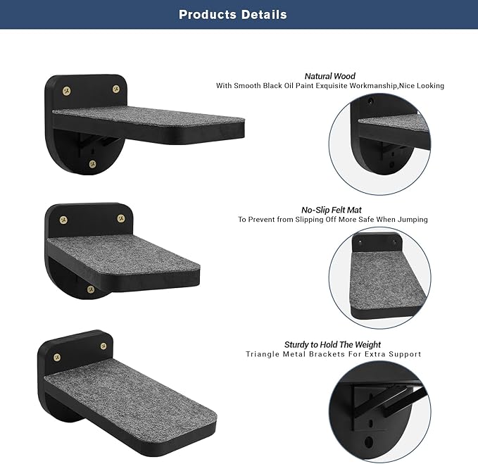 Set of 3 Black Natural Wood Paited Cat Wall Floating Steps Climbing Shelves - Wall Mounted Cat Stairs Ladder, Cat Shelf Platform and Perches for Wall - Holds up 35lbs