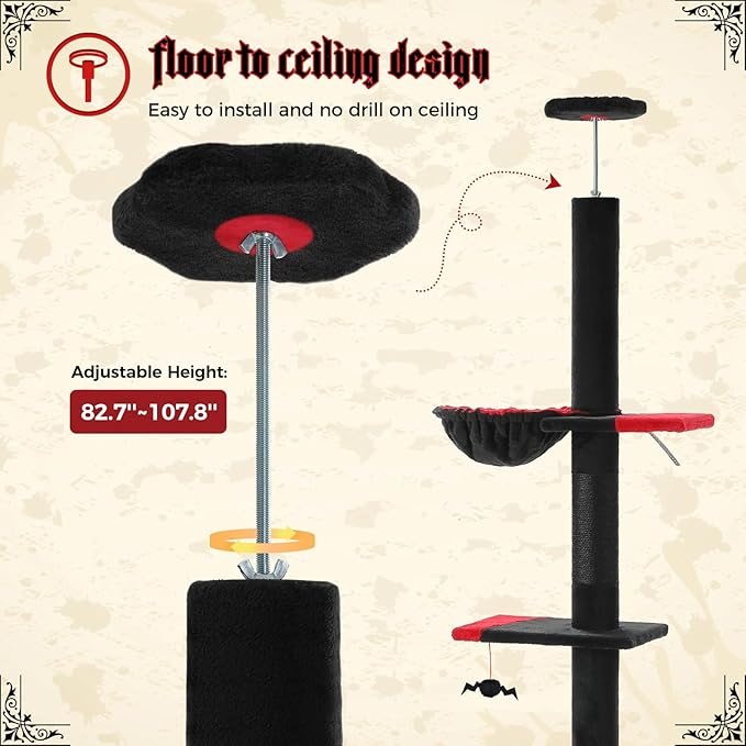 PETEPELA Floor to Ceiling Cat Tree, Gothic Cat Tower 5 Tiers Tall (83-108 Inches) Adjustable Height, Cat Climbing Tree Featuring with Cat Condo, Cat Scratching Post Cat Perches for Indoor Cats, Black