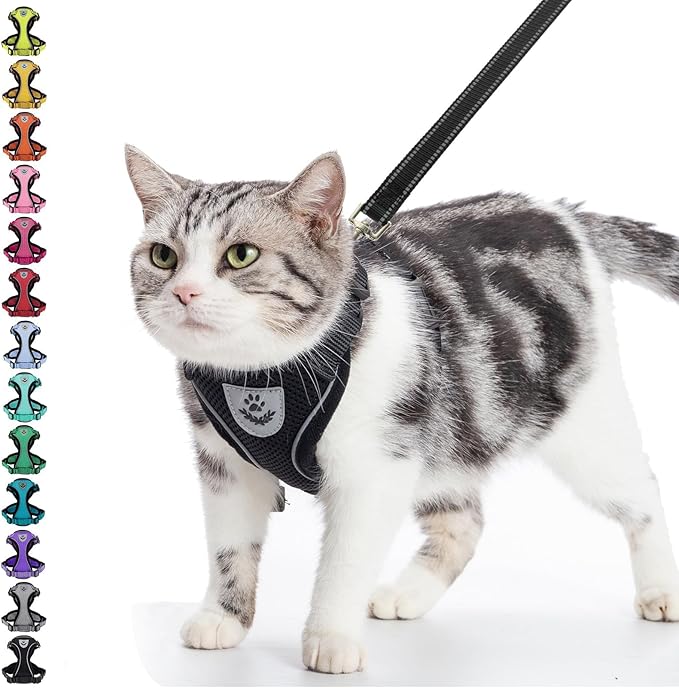 PUPTECK Cat Harness and Leash Set Escape Proof Reflective Cat Walking Harness Adjustable Soft Breathable Mesh Vest for Small Pets, Black, L