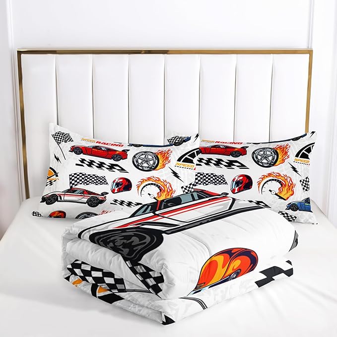 AILONEN Kids Racing Car Comforter Set Twin Size,Vehicles Construction Truck Bedding Set for Boys Teen,3 Piece Soft Duvet with 2 Pillowcases