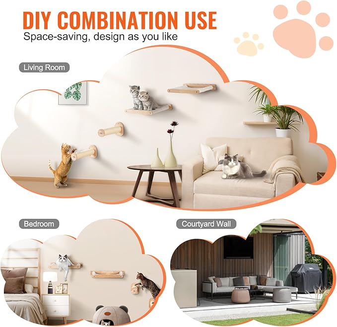 VEVOR Wall Mounted Cat Shelves, Cat Wall Shelves and Perches with Jumping Posts & Hammocks, Cat Furniture Set up to 40 lbs, Removable & Washable Coral Fleece for Sleeping, Playing, Climbing, Set of 4