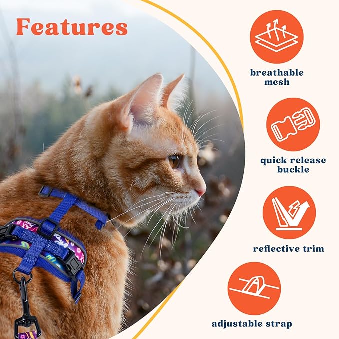 Cat Harness and Leash Set for Walking, Escape Proof Vest Harnesses for Cats, Breathable Mesh with Reflective Strips - (Neon Nights), X-Small