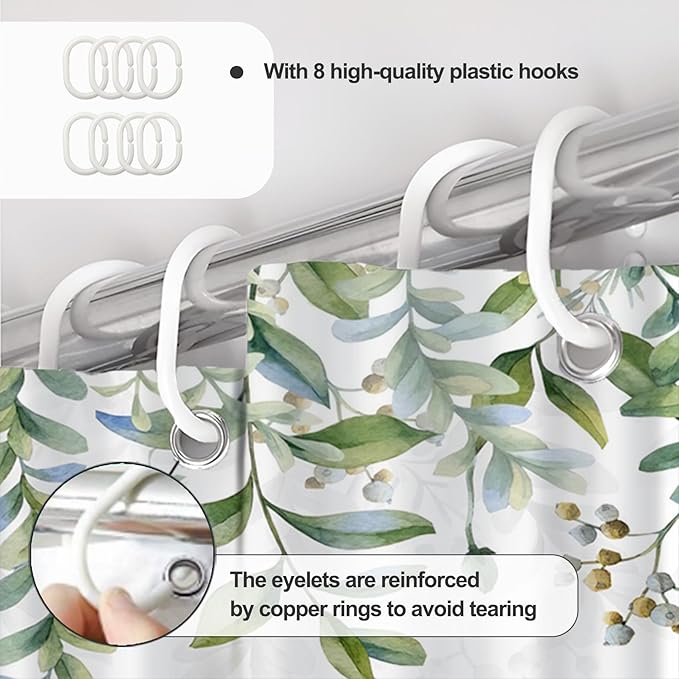 AWERT Green Mixed Light Blue Plant Shower Curtain with 8 Hooks Decorative Sage Green Shower Curtain for Bathroom Waterproof Fabric 48x72inch