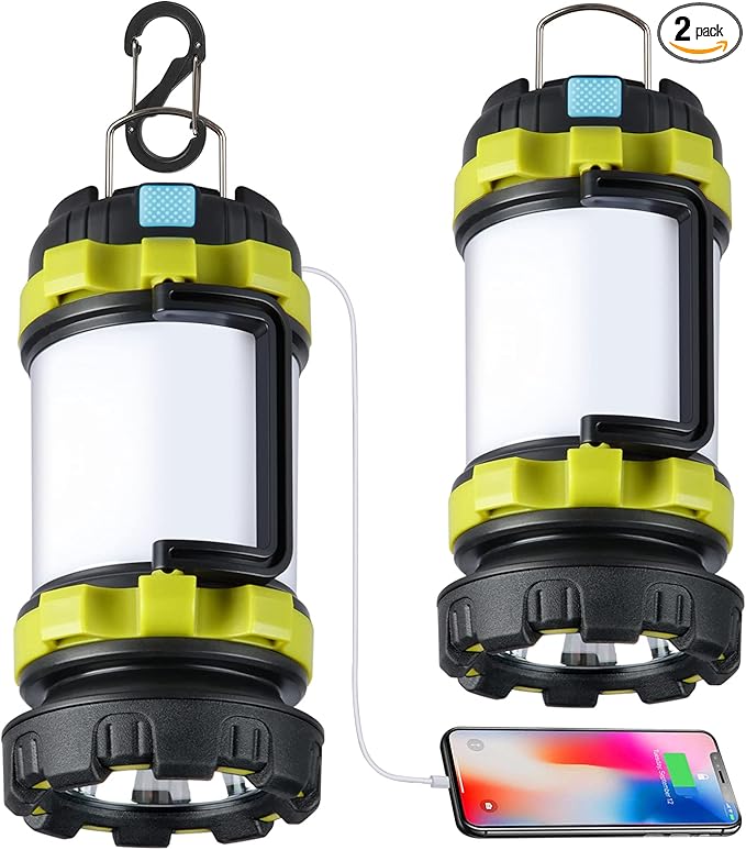 2 Pack Camping Lantern, Outdoor Led Camping Lantern, Rechargeable Flashlights with 1000LM, 6 Modes, 4000mAh Power Bank, IPX5 Waterproof Portable Emergency Camping Light for Hurricane Hiking