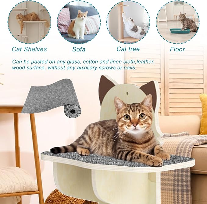 Trimmable Cat Scratching Post Carpet Covered 78.7”x15.8” Self-Adhesive Cat Tree Shelves Replacement Parts Mat Cat Scratcher for Cat Tree Shelf Shelves Steps Couch Furniture DIY Protector(Gray)