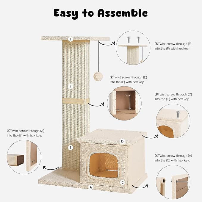 Small Cat Tree, 31 Inches Tall Cat Scratching Post with Perch & Condo, Natural Woven Sisal Cat Post Sctacher, Kitten Scratching Posts for Indoor Cats, Cat Scratch Tower with Fluffy Ball, Beige