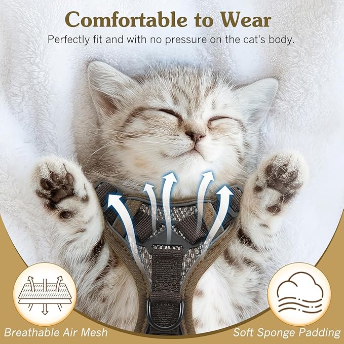 Cat Harness and Leash Set for Walking, Adjustable Kitten Vest Harness with Reflective Strip Breathable Mesh, Escape Proof Soft Pet Safety Vest for Cats, Kittens, Puppies, M Coffee