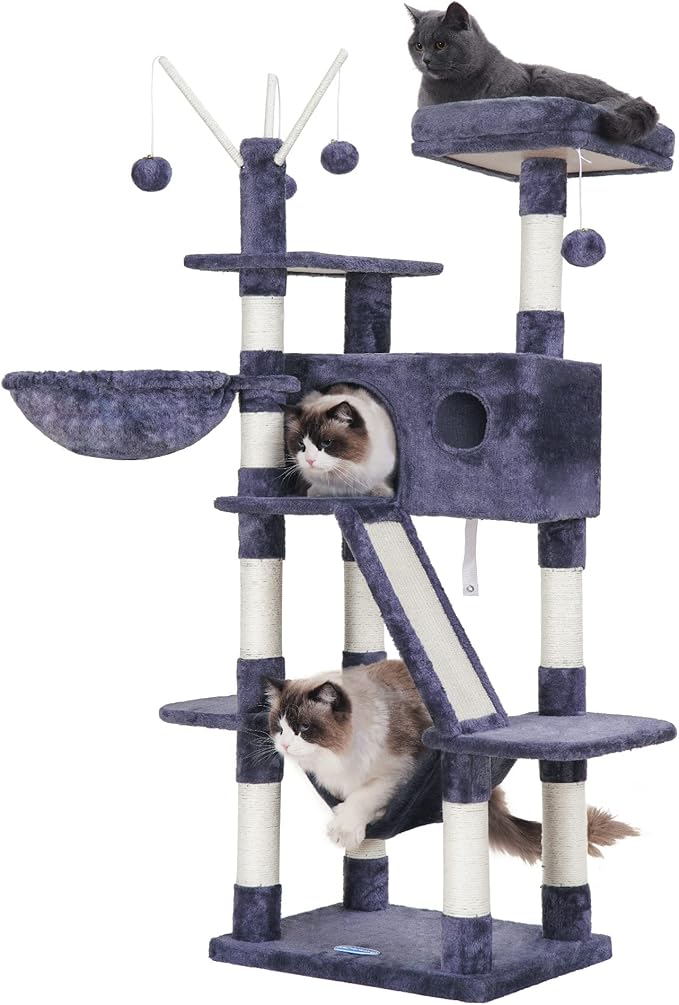 Hey-brother Cat Tree, 61 inch Cat Tower for Indoor Cats, Cat House with Padded Platform Bed, Toy Balls, Large Cozy Condo, Hammocks and Sisal Scratching Posts, Smoky Gray MPJ019G