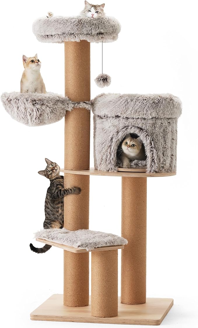 FUKUMARU Cat Tree, 61 Inch 5 in 1 Cat Tower for Indoor Cats, Plush Multi-Level Cat Condo with 6 Scratching Posts, Detachable and Washable Cushions, Activity House with Perch and Hammock for Most Cats