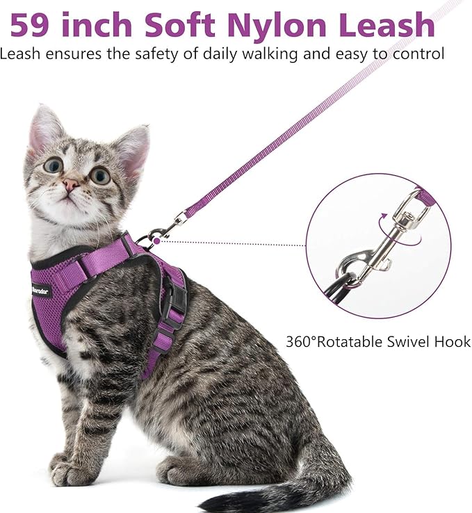 Dooradar Cat Harness and Leash Set, Escape Proof Safe Adjustable Kitten Vest Harnesses for Walking, Easy Control Soft Breathable Mesh Jacket with Reflective Strips for Cats, Purple, M