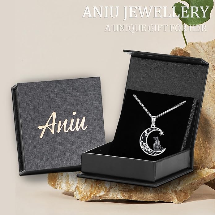Aniu S925 Sterling Silver Cat Necklace for Women - Moon Pendant Jewelry, Gifts for Cat Lovers
