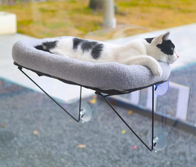 Cat Window Perch - 100% Metal Supported from Below - Comes with Warm Spacious Pet Bed - Cat Window Hammock for Large Cats & Kittens - for Sunbathing, Napping & Overlooking (Grey)