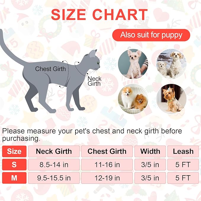 BEAUTYZOO Christmas Cat Harness and Leash Set Christmas Cat Escape Proof Adjustable Leash Cat Christmas Outfit, Comfortable Soft Christmas Vest, Neck Release with Reflective Strip