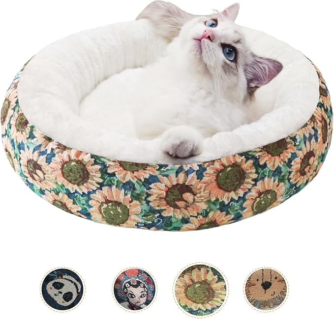 Circular Calming Dog & Cat Bed Anti-Anxiety Plush Dog Bed Washable Pet Bed with Anti Slip Backing Donut Cuddler with Cute Jacquard Patterns for Cat and Small Puppy 20" (X-Small, Sunflower)