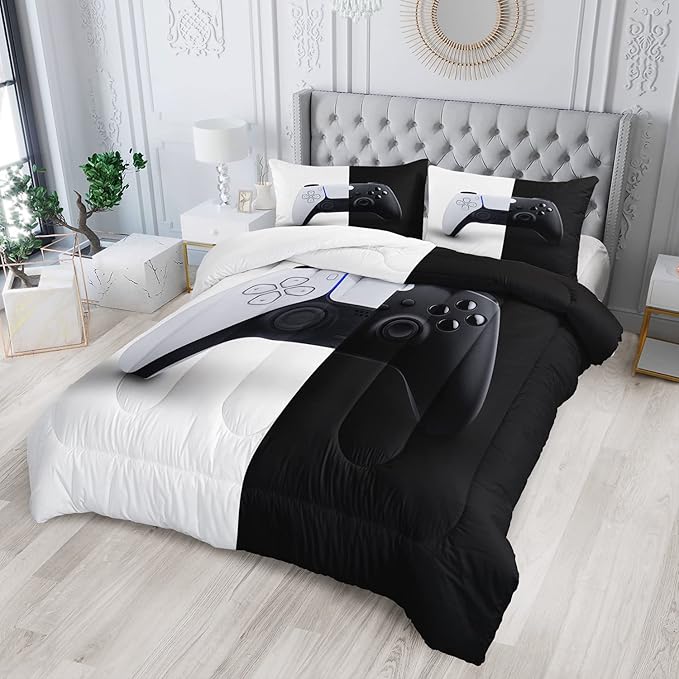 AILONEN Gamer Comforter Sets for Teen Boys, Gaming Bedding Sets Queen Set,Video Game Bedspread,Game Duvet,Gamepad Bed Set,Controller Quilt Set,3 Piece 1 Comforter and 2 Pillowcases, Gamepad64