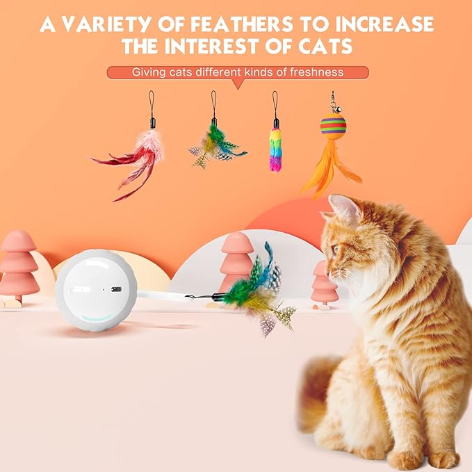 AMUSANG Smart Turbo Tail Cat Toy for Indoor Cats, Interactive Cat Toy Ball Speed Tail Cat Toys, with LED Lights and Feathers DIY 5 in 1 Automatic Cat Ball Toys Type-C Rechargeable (Grey)
