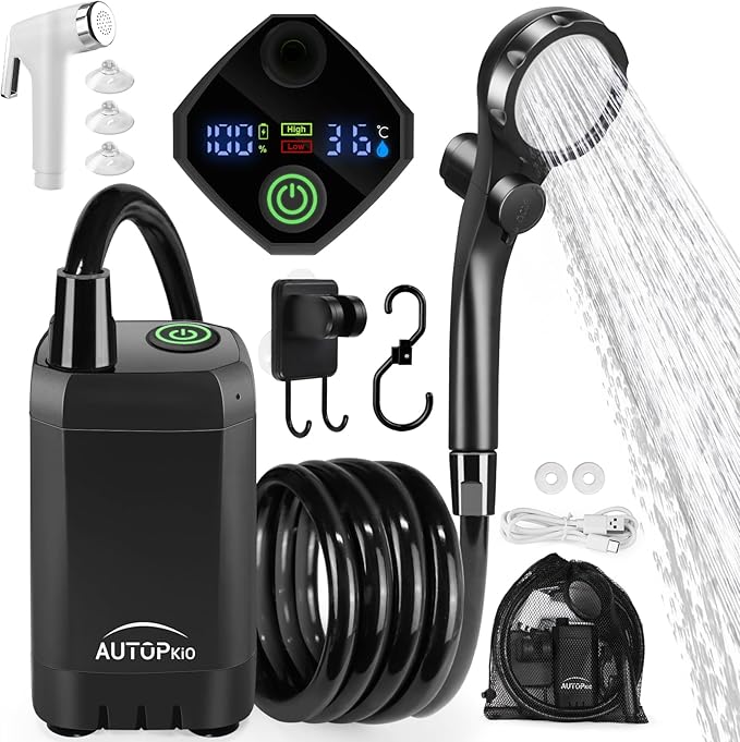 AUTOPkio Portable Camping Shower, 6000mAh Rechargeable Camp Shower Pump with USB Cable & Electric Outdoor Shower Head Sprayer for Camping, Hiking, Pet Bathing, Washing