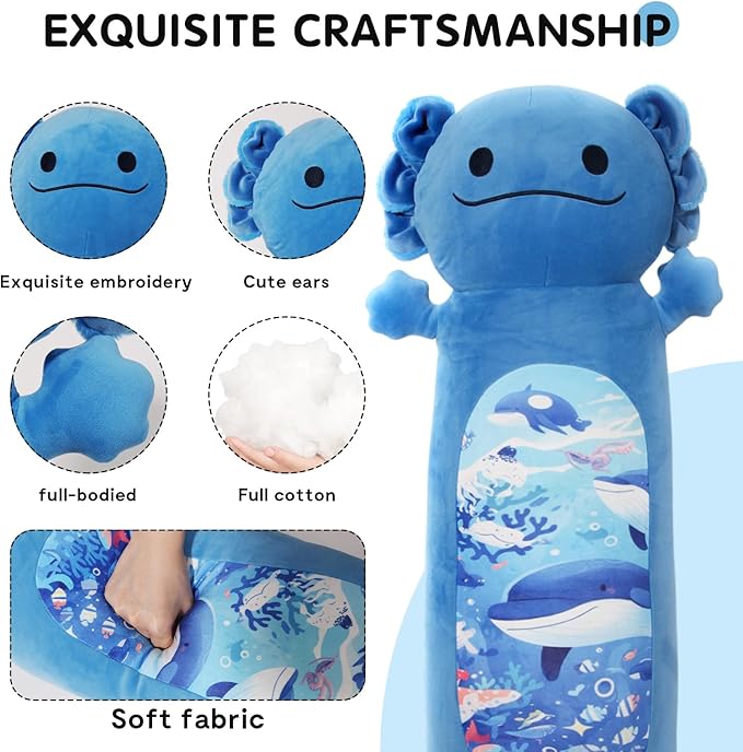 36 inch Long Axolotl Plush Body Pillow, Giant Cute Blue Ocean Axolotl Stuffed Animals, Big Salamander Squishy Soft Plushies Toy, Gifts for Kids Girls and Boys, Birthdays ﻿Easter