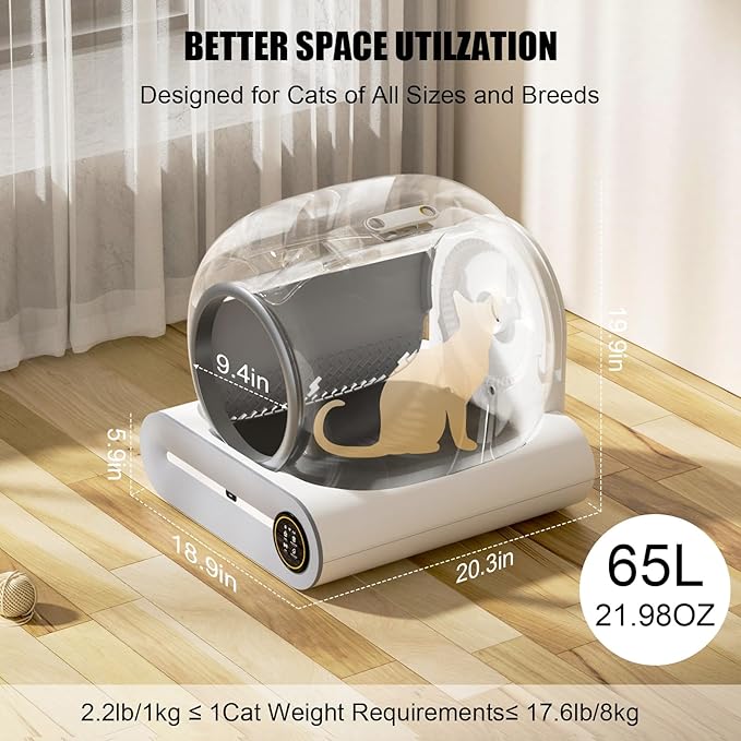 Automatic Cat Litter Box, 65L/9L Large Self Cleaning Cat Litter Box for Multiple Cats, White Cat Litter Box with Remote App Control via WiFi Connection, Quality Scooping-Free Cat Accessories