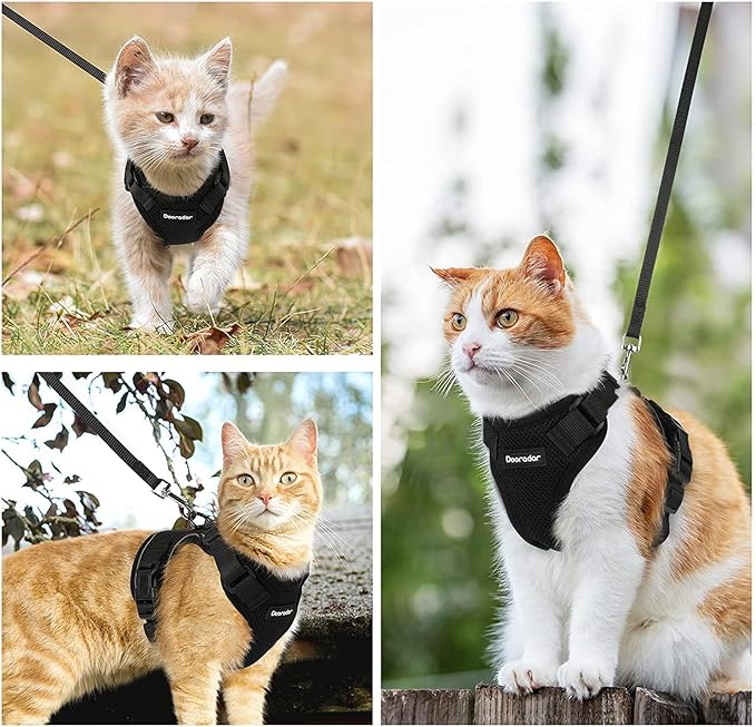 Dooradar Cat Harness and Leash Set, Escape Proof Safe Adjustable Kitten Vest Harnesses for Walking, Easy Control Soft Breathable Mesh Jacket with Reflective Strips for Cats, Black, S