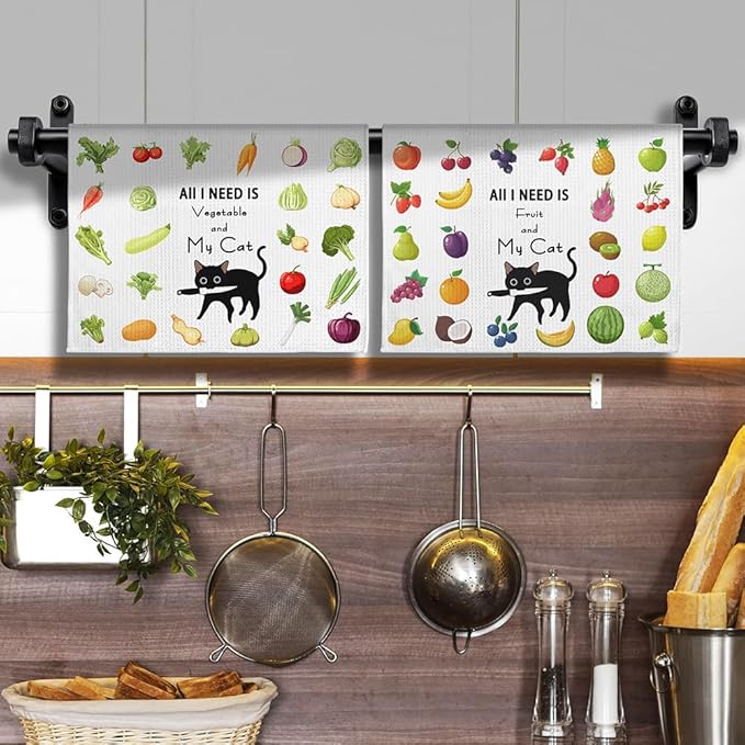 2-Pack Whimsical Veggie and Fruit Kitchen Towels Set-Quick-Drying Decorative Dish Towels with 'My Cat & Garden Harvest' Designs,Funny Animal Theme Hand Towels for Cooking,Purrfect Gifts for Cat Ladies