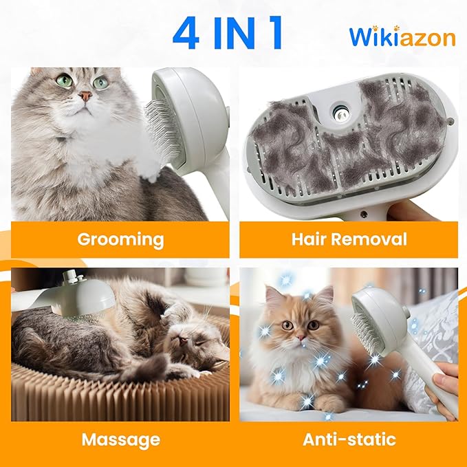 4 In 1 Cat Steam Brush, Self Cleaning, Anti Static Shedding Spray Comb, Hair Removal, Mist Indoor Steamy Grooming Brush for Dog, Water Spritz Defur with Steamer Cloud Para Gatos (White Pro)