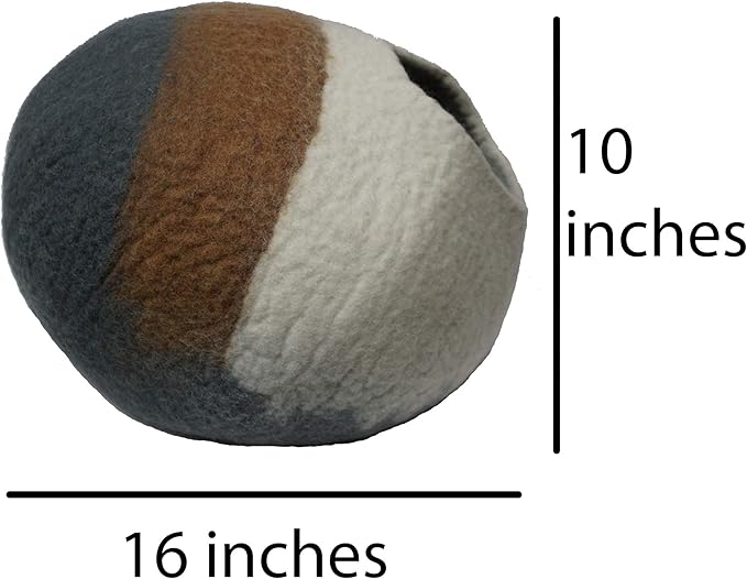 100% Wool Felt Cat Cave Bed Handmade in Nepal with Free Mouse Toy Included (Gray/Tan/Cream)