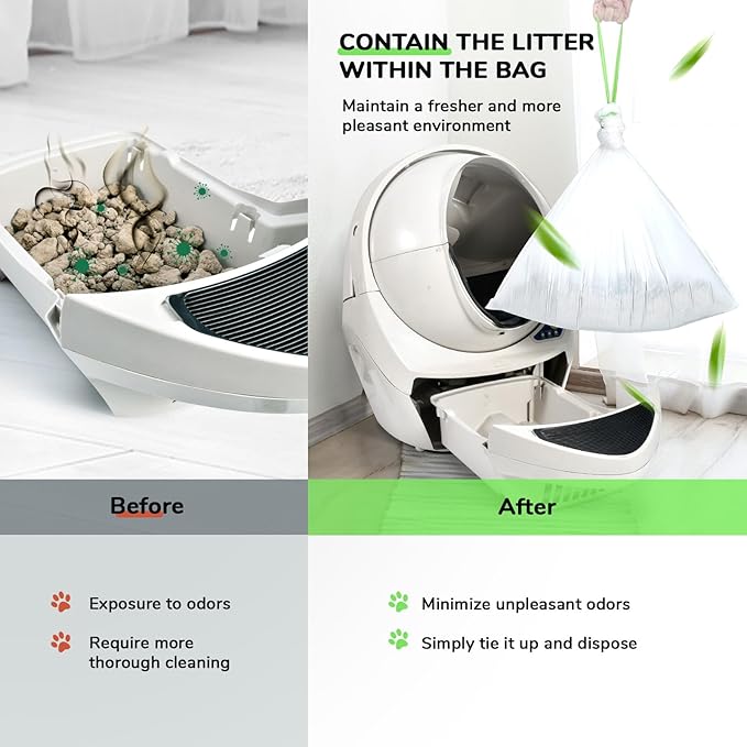 65 Count Litter Box Liner Bags for Auto Litter Box Robot 3 4, Drawstring Self Cleaning Litter Drawer Liners Replacement, Durable Cat Waste Bags, Unscented