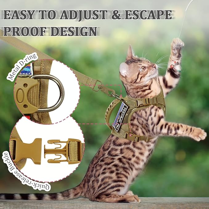 Tactical Cat Harness and Leash for Walking Esacpe Proof,Adjustable Soft Mesh Large Cat Vest with Rubber Handle Easy to Control,Molle Patches