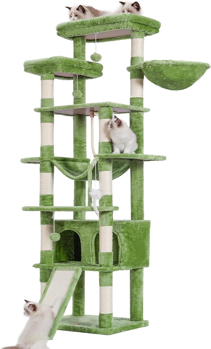 Heybly Tall Cat Tree,78 inch Multi-Level Cat Tower for Indoor Cats,2 Widened Plush Perches Cat Condo with Scratching Board and Big Caves,Green HCT033GR