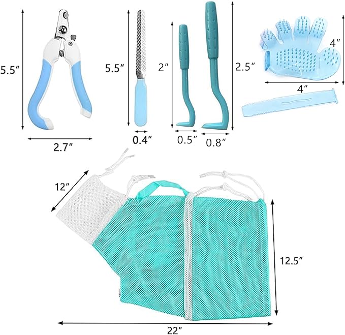 6 Pieces Cat Bathing/Grooming Bag, Adjustable Cat Shower Net Bag and Pet Nail Clippers, Nail File, Grooming Gloves, Tick Tool，Pet Dog and Cat Nail Trimming Check.
