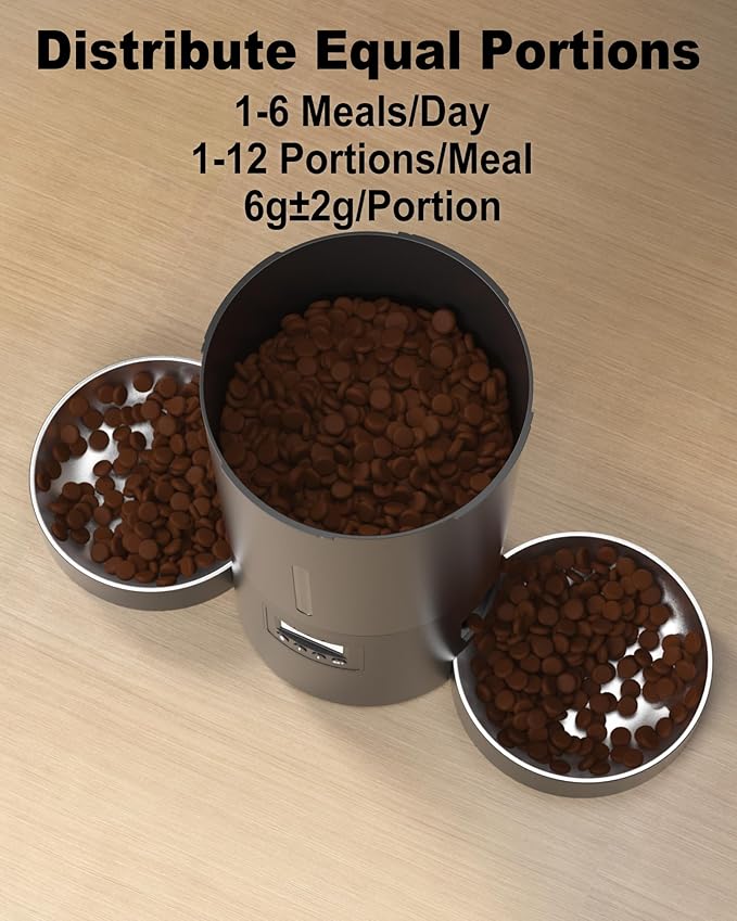 Automatic Cat Feeder for 2 Cats,4.2L Flexible Schedule,6 Meals/Day,1-12 Portions/Meal,Dual Power Auto Dual Pets Feeder Dry Food Dispenser,10S Voice Record(Black,4.2L+Stainless Steel 2 Bowls)