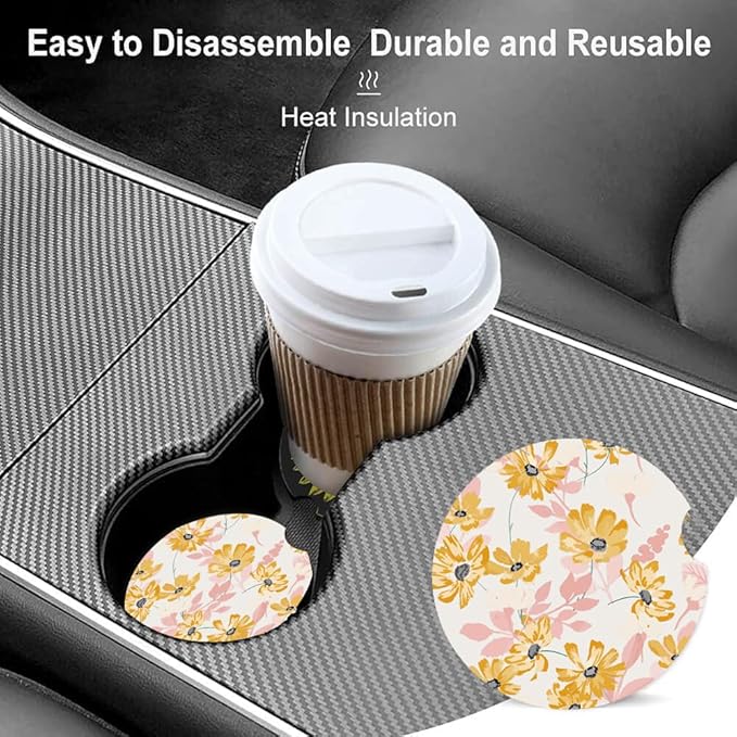 Absorbent Car Cupholder Coaster 2 Pack, Cute Car Coasters with a Finger Notch for Women & Men,2.56" Ceramic Stone & Non-Scratch Cork Base Drink Coasters, Cute Auto Accessories Gifts