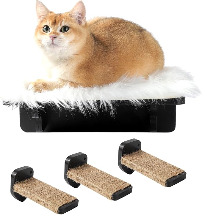 Cat Wall Shelves, Cat Shelves and Perches for Wall, Cat Wall Furniture, Cat Wall Mount Climbing Shelf with 3 Steps Scratch Post, Cat Bed Hammock with Plush Covered for Indoor Cats (Black)