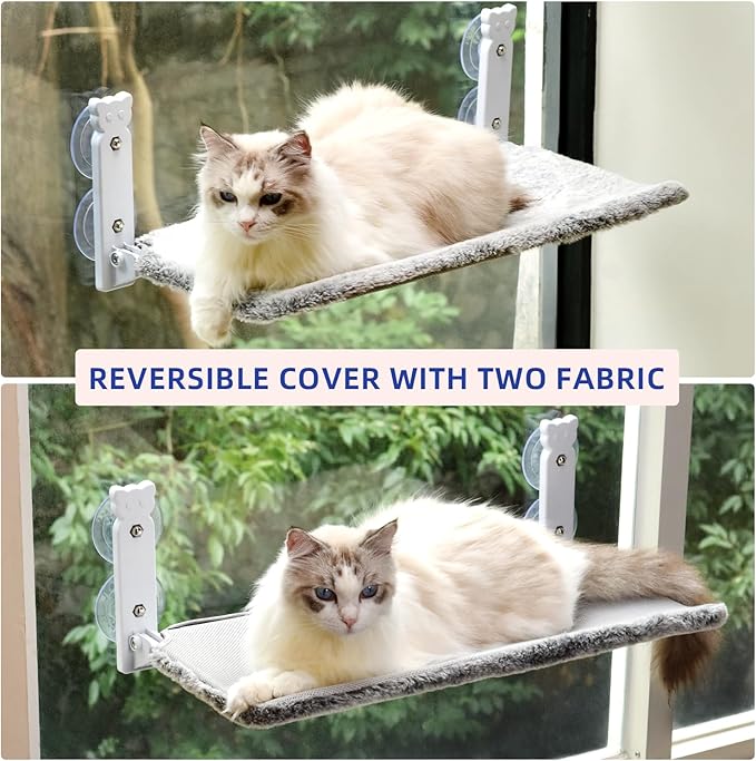 pettycare Cat Window Perch, Cordless Cat Window Hammock Bed with 4 Strong Suction Cups, Foldable Cat Window Seat for Inside Hold Up to 40lbs, Solid Metal Frame and Soft Reversible Two Fabrics Cover