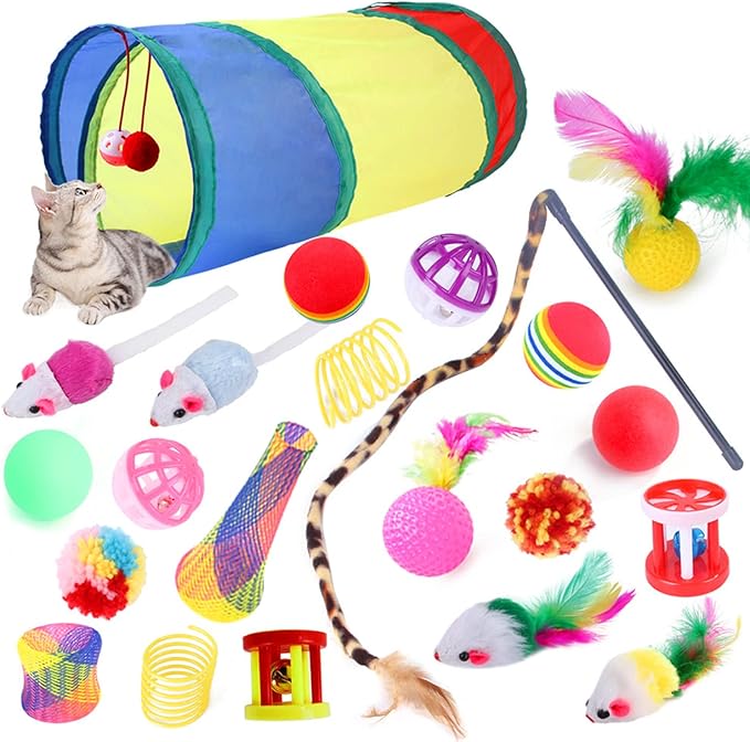 22 PCS Cat Kitten Toys Set,ncluding Interactive Feather Teaser Toy, Mouse Tumbler, Mylar Crinkle Balls Bells Toys with Collapsible Tunnel (Random Color)