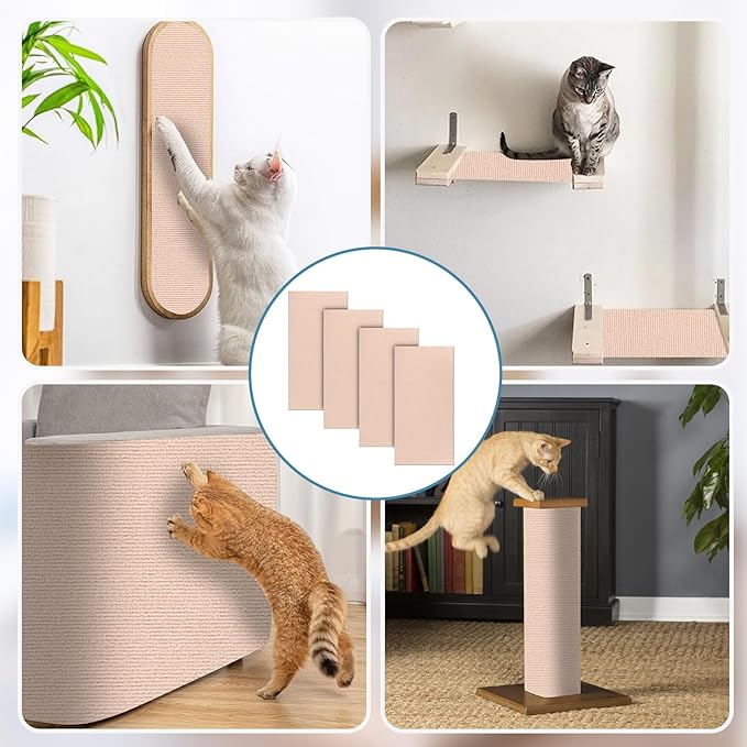 Mity rain 4PCS Cat Scratch Furniture Protector Mats 23.6“X11.8”Trimmable Self-Adhesive Cat Scratch Pads with 8PCS Furniture Nails Cat Couch Protector Mat for Pet Furniture DIY Beige