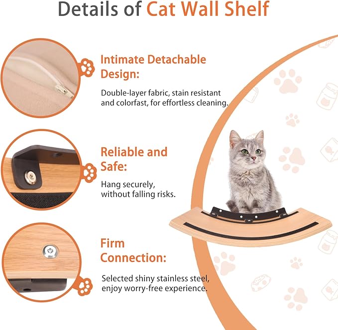 Cat Wall Shelves Curved Floating Cat Shelf Perch Bed with Cushion Wooden Easy to Install Cat Wall Furniture for Climbing Sleeping 16.5"x10.2"(White Oak)