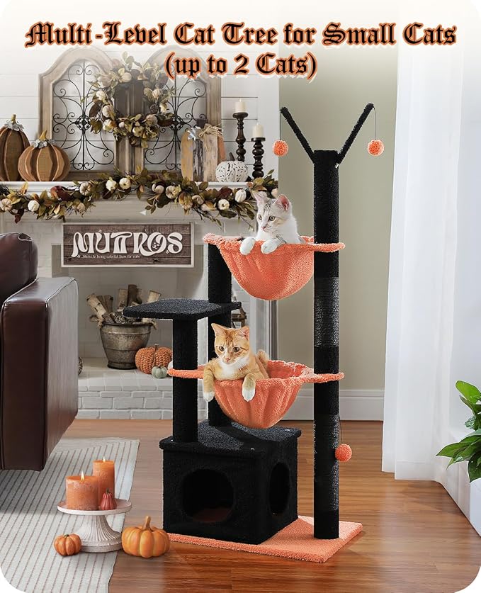 Gothic Cat Tree with Coffin Condo, 47.6" Spooky Cat Tower, 2 Metal Frame Hammocks, Cat Scratching Post with 2 Removable Pompom Sticks for Small Indoor Cats, Black Halloween