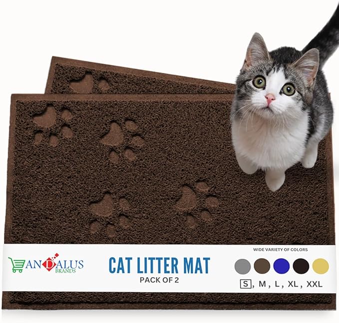 Andalus Small Cat Litter Mat, Pack of 2 - Waterproof, Non-Slip & Easy to Clean Cat Litter Box Mat for Extra Efficient Pet Litter-Trapping, Brown (15.75” X 11.75”)