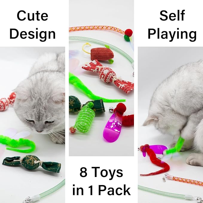 8 Pcs Christmas Cat Toy Box for Cats, Including 2 Cat Wand Refills, 2 Catnip Kicker Toys Red/Green, 1 Cat Mouse Toy, 1 Cat Spring Toy, 2 Worm Cat Teaser Toys for Indoor Cats