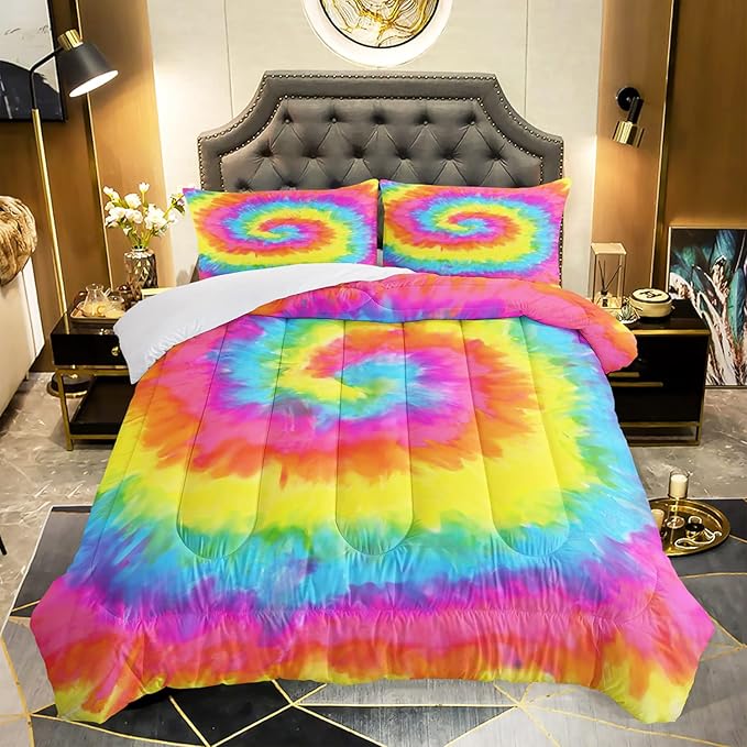 AILONEN Tie Dye Comforter Set for Teens Young Girls, Colorful Marble Bedding Set Full Size,Boho Psychedelic Color Duvet for Kids,Tie Dye Quilt,Microfiber,1 Comforter 2 Pillowcases 3 Piece
