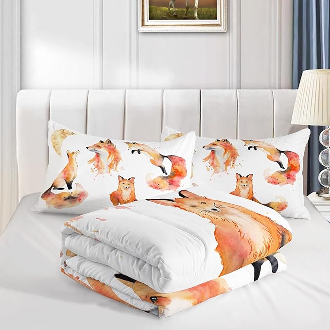 AILONEN Fox Comforter Set Queen Size, Cute Fox Quilt for Teen Girls Kids, Animal Pattern Printed Superior Kids Bedding Set, Microfiber Fabric, 3 Piece Set: 1 Comforter and 2 Pillowcases