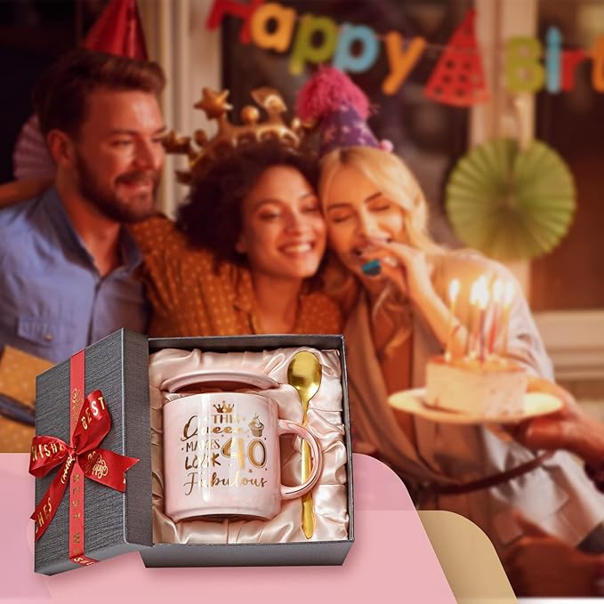 40th Birthday Gifts Women - 14oz Fabulous Pink Coffee Mug with Gold Pattern - Unique 40th Birthday Gift Ideas for Mom Sister Aunt Coworker Best Friend, Happy 40 Years Old birthday gifts, Gift Boxed.