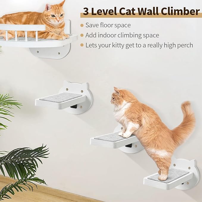 Cat Wall Shelves, Cat Shelves and Perches for Wall, Wood Cat Shelves Wall Mount, Cat Wall Furniture with 3 Cat Wall Steps Cat Scratch Post, Indoor Cat Climbing Shelf for Living Room, Bedroom (White)