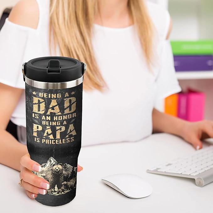 30 Oz Papa Bear Tumbler with Handle and Straw, 30 Oz Leak Proof Insulated Papa Bear Mug, Double Wall Stainless Steel Papa Bear Cup, Papa Bear Gifts for Dad and Papa Bear Fathers Day Gift