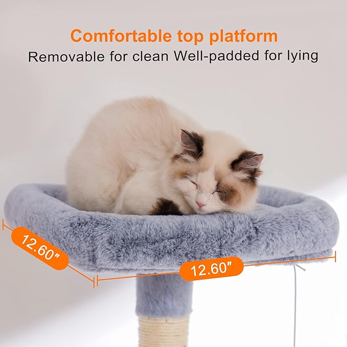 Heybly Cat Tree with Toy, Cat Tower condo for Indoor Cats, Cat House with Padded Plush Perch, Cozy Hammock and Sisal Scratching Posts, Pewter HCT004PE