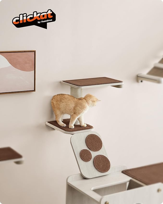 Feandrea Clickat Collection - No.004 Cat Stairs, Wall-Mounted Cat Ladder with Shelves, Self Groomer, Extremely Quick Assembly, Unlimited Expandability, Replaceable Washable Felt Pads