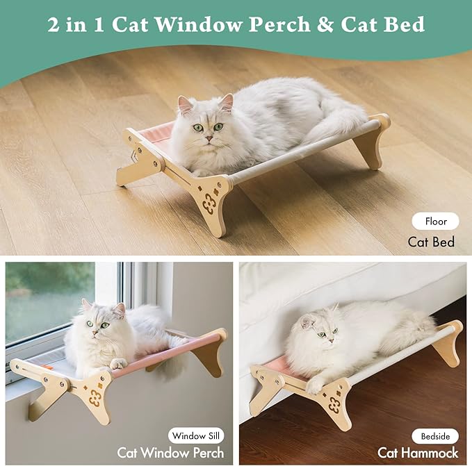 Cat Window Perch Cat Window Hammock Seat for Indoor Cats Sturdy Adjustable Steady Cat Bed Providing All-Around Sunbath Space Saving Washable Holds Up to 40 lbs (2 in 1 Pink)