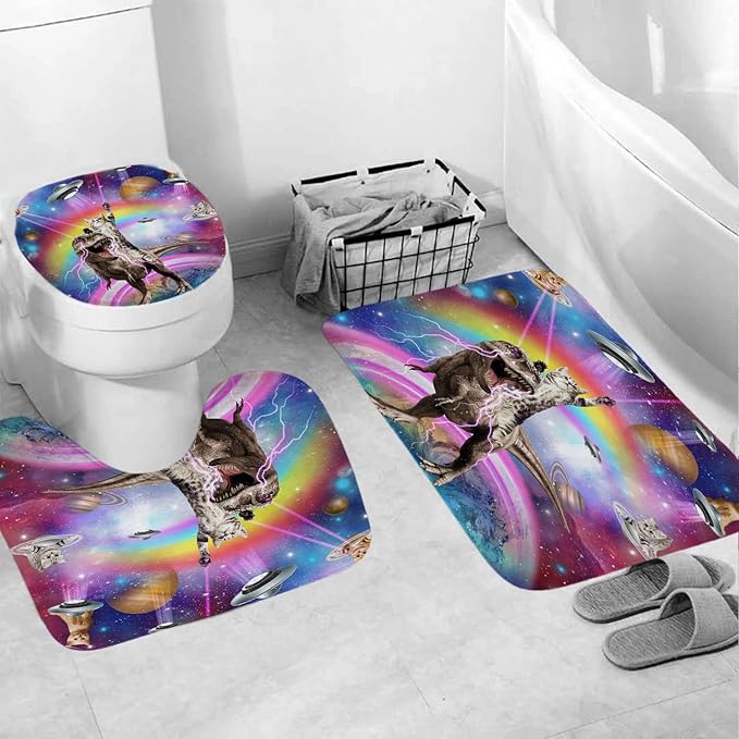 4 Pcs Cosmic Cat Shower Curtain Sets, Funny Space-Themed Bathroom Decor with UFO Cats Rainbows and Lightning T-Rex, Includes Toilet Cover and Rugs, Colorful Galaxy Bath Accessories, 72''x 72''
